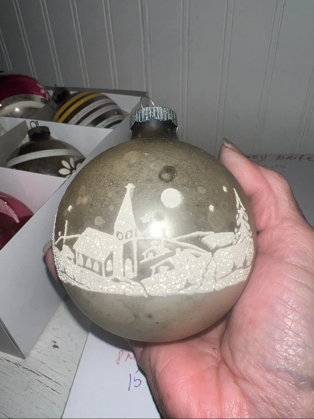 6 Antique Shiny Brite Mercury glass large ornaments mica